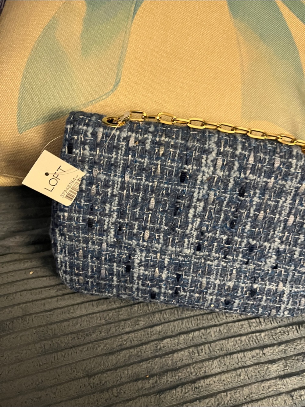 LOFT Navy and White Tweed Clutch with Gold Chain